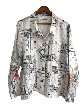 Johnny Was Ashton Bandana Linen Jacket Floral Embroidered Sleeves Boho Large